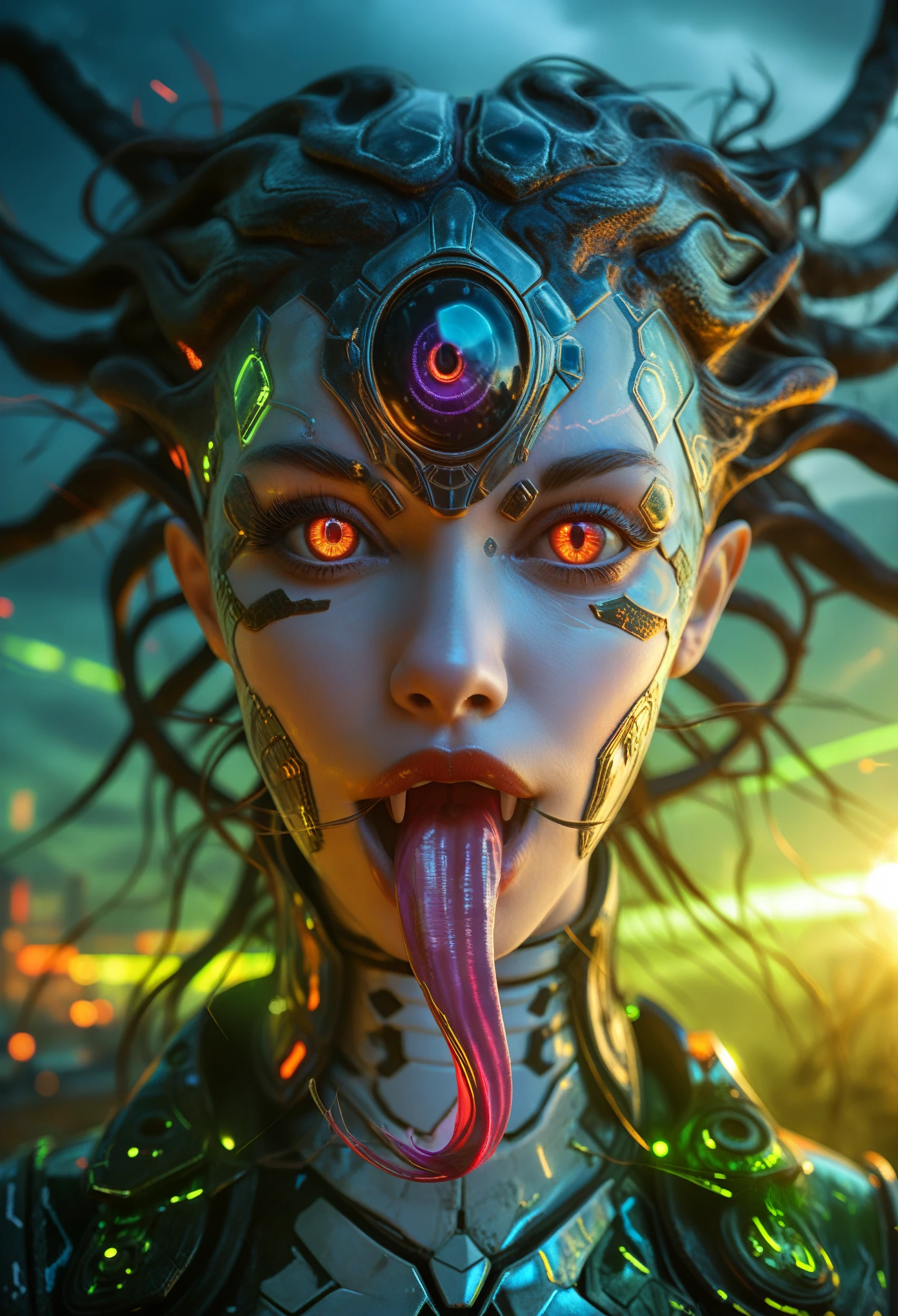 score_9, score_8_up, score_7_up, 1 female medusa alien, A scene from a horror movie, beautiful detailed eyes, A third eye on the forehead, beautiful detailed lips, extremely detailed face and eyes, long eyelashes, (long tongue like a snake:1.2), intricate insect-like features, glowing compound eyes, scythe-like forelimbs, alien carapace, vibrant colors, futuristic sci-fi environment, neon lights, glowing energy field, complex technological architecture, dramatic lighting, cinematic atmosphere, award winning digital art, hyper realistic, 8k, high quality, masterpiece, Bioluminescence, Translucent armor, thespiritde, concept art, hypre detailed moist skin texture, (Best Quality, 4K, 8K, High Definition, Masterpiece:1.2), (Ultra Detailed, Realistic, Photorealistic:1.37),