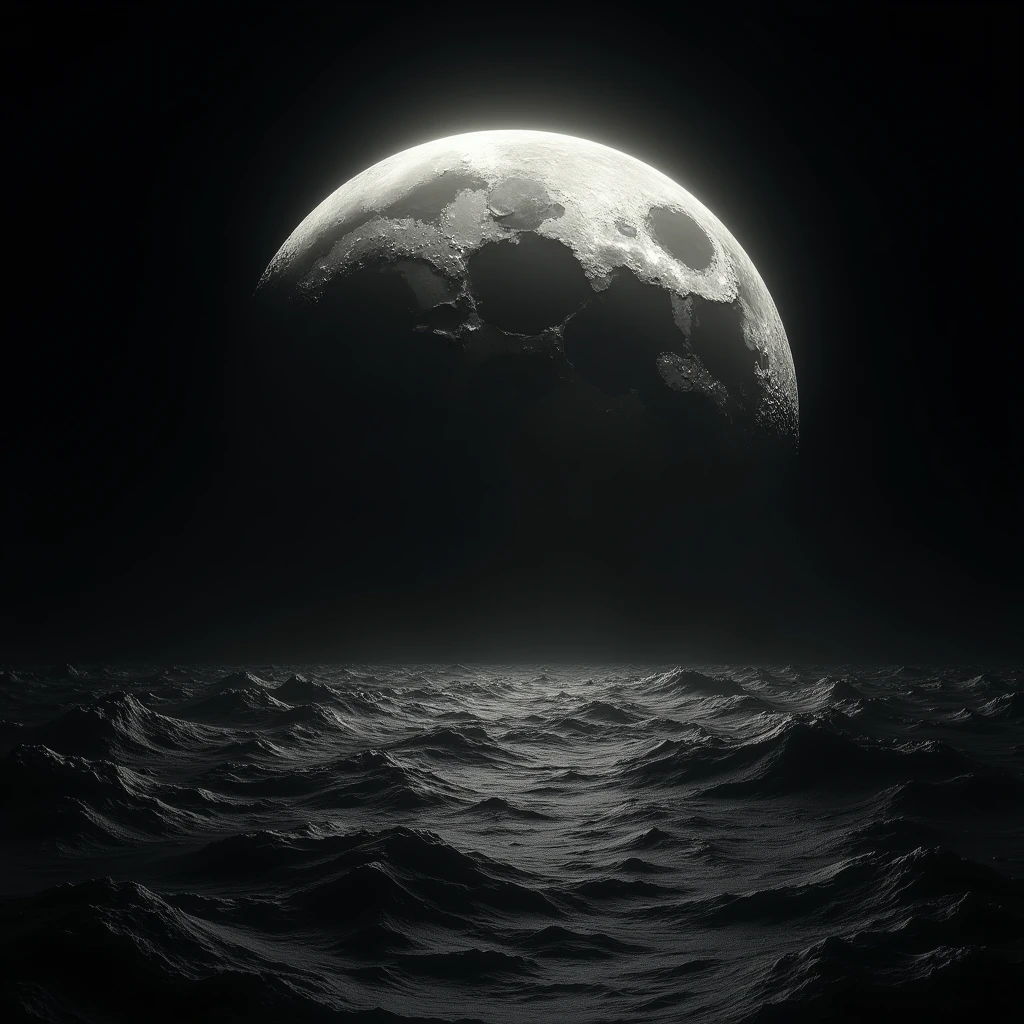 (photorealism), high definition huge full moon, the sea, tentacles, black background, lunar, crescent, ocean, sea, void, night, dark, very high definition huge moon, 1:1, full huge moon with crescent, black and white no gray, black background, no shiny moon