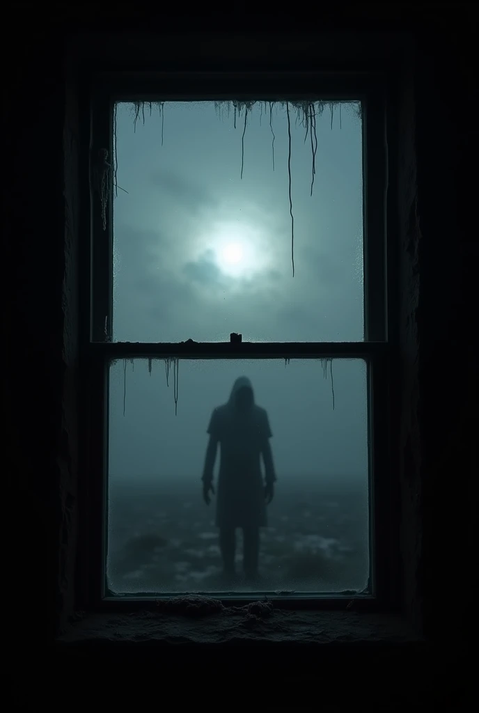 Create a chilling image of a window set in a completely black wall, where only the window frame and the scene beyond are visible. It's a cold, oppressive night, and the air feels heavy with an unsettling presence. Through the window, the dark exterior reveals a desolate, eerie landscape shrouded in dense fog. The faint glow of the moon barely pierces the thick clouds, casting a pale, ghostly light that illuminates the silhouette of a specter standing just outside. The spectral figure is faintly visible, almost blending into the night, but its form is unmistakably haunting, with long, shadowy limbs and a distorted, ethereal shape. The window glass appears slightly frosted, adding to the coldness of the scene, while subtle streaks of condensation trickle down, hinting at the freezing temperatures outside. The overall atmosphere is one of intense dread, as if the very darkness is alive, watching and waiting with a malevolent intent. The stark contrast between the pitch-black wall and the ghostly scene outside amplifies the terror, making the window feel like a portal to something far more sinister.