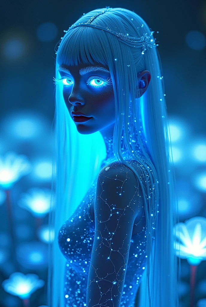 A futuristic, otherworldly woman with luminous, neon blue features. Her eyes and hair emit a radiant glow, blending seamlessly with the surrounding environment. The scene is set in an enchanted digital forest, where holographic plants and flowers pulse with a soft, ethereal light. Her skin is slightly reflective, with shimmering patterns that mimic the constellations. She stands gracefully among the glowing flora, her expression calm and inquisitive, embodying the mystique of a cybernetic fairy in a surreal, neon-lit landscape."