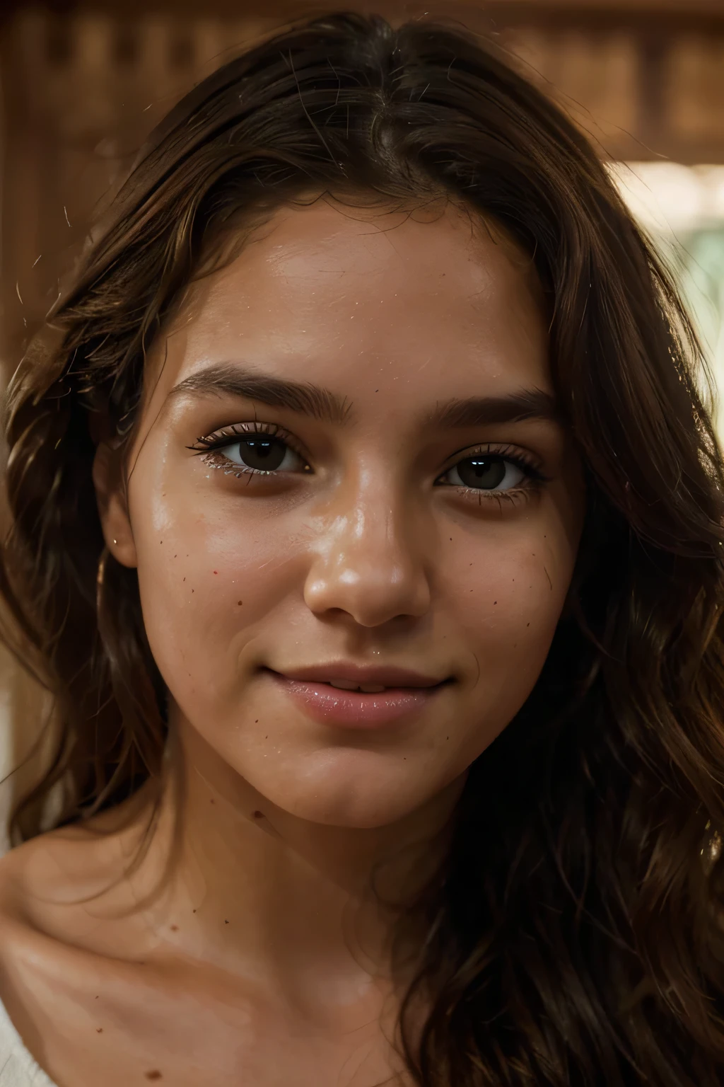(Emily01), RAW photo, a close up portrait, elguru, , brown_hair, full body view, showing navel, eyelashes, forehead, hair_bun, hair_pulled_back, lips, looking_at_viewer, hair bun, brown_eyes, lips, nude, topless, , photo_\(medium\), photorealistic, realistic, smile, solo, (high detailed skin:1.2), 8k uhd, dslr, cinematic lighting, high quality, film grain, Fujifilm XT3,