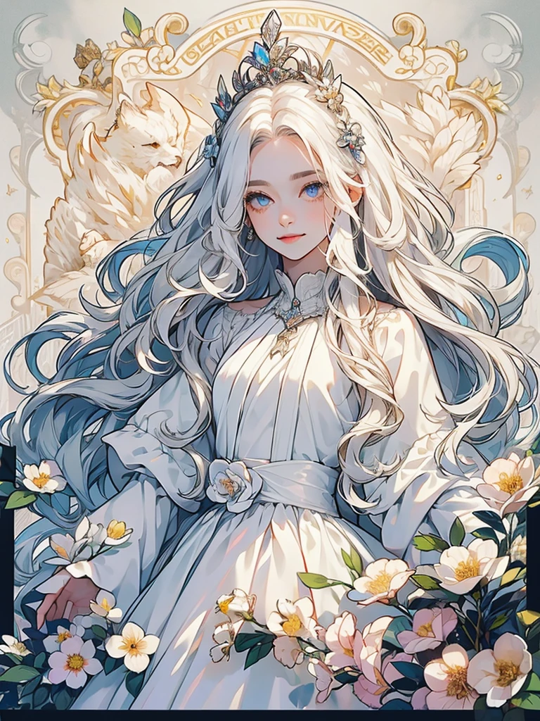 ((Highest quality)), ((masterpiece)), (detailed), White hair that glows pale in seven colors、Long Wavy Hair、Curly long hair、The forehead is protruding、Dawn-colored eyes、Princess、Princess、clear、Pitiful、One person、Victorian、beautiful girl、human、One person、flower、Smiling curly hair, party dress, At the ball, Evening dresses.dress