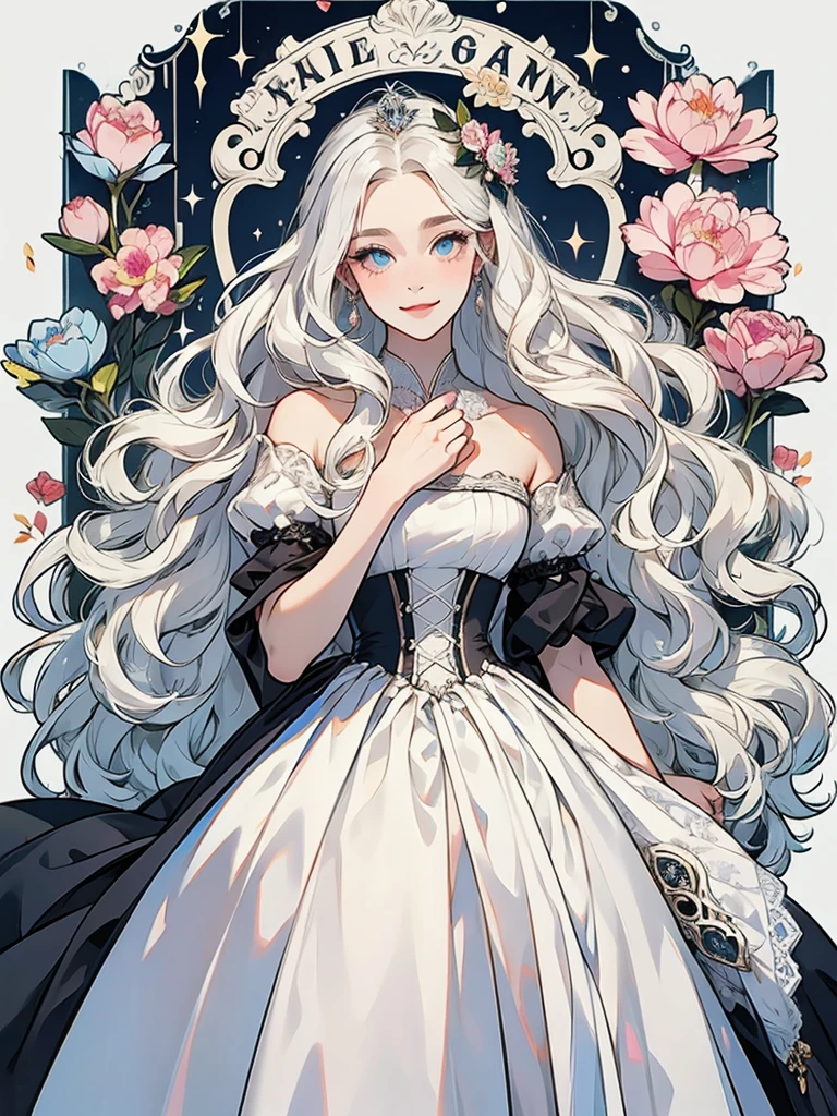 ((Highest quality)), ((masterpiece)), (detailed), White hair that glows pale in seven colors、Long Wavy Hair、Curly long hair、The forehead is protruding、Dawn-colored eyes、Princess、Princess、clear、Pitiful、One person、Victorian、beautiful girl、human、One person、flower、Smiling curly hair, party dress, At the ball, Evening dresses.dress