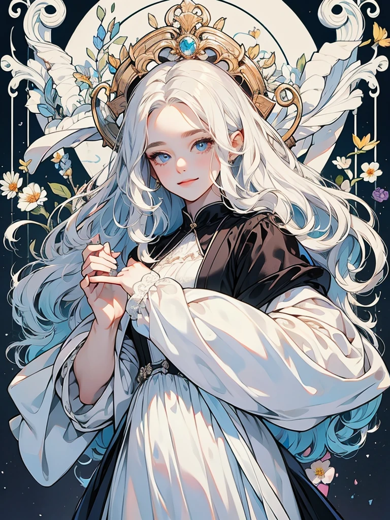 ((Highest quality)), ((masterpiece)), (detailed), White hair that glows pale in seven colors、Long Wavy Hair、Curly long hair、The forehead is protruding、Dawn-colored eyes、Princess、Princess、clear、Pitiful、One person、Victorian、beautiful girl、human、One person、flower、Smiling curly hair, party dress, At the ball, Evening dresses.dress