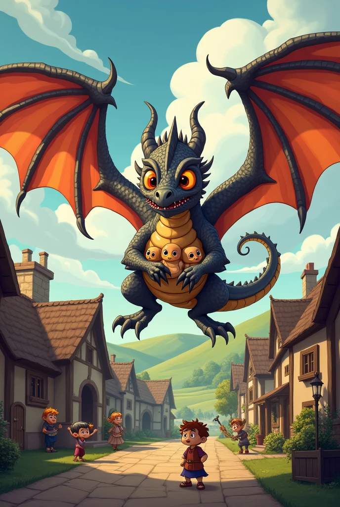 A fierce medieval dragon in a village protecting its young while villagers look on with frightened faces Cartoon style