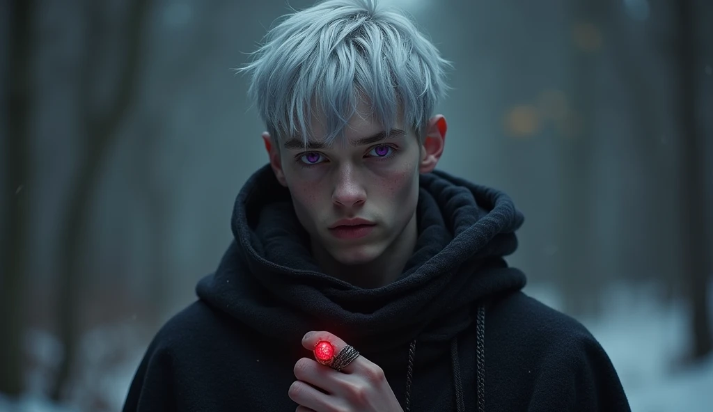 A high-fantasy horror, dark lord, a teenager ******** half-elf boy with silver short hair and purple eyes, Dark wizard, muscular teenager, A boy wearing a simple black long cloak, younger half-elf sorcerer, realism, a scarlet flamer ruby's ring in this hand, colder fortress