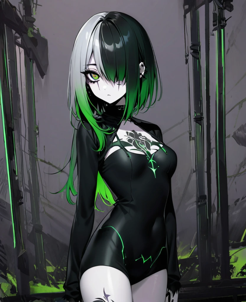 Medium short black with dyed green ends hair, green left eye silver right eye with scar over right eye, pale skin, slender body with medium size breasts, emo/gothic girl, green cybersigilism tattoos