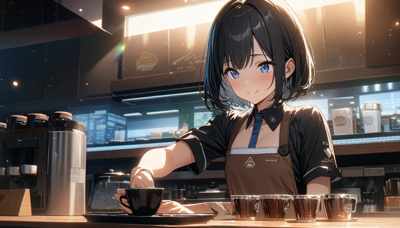 ((ultra-detailed))/three women: (one women with short black hair and bob hair.、beautiful blue eyes,.、smile、gentle smile on her face、flat chest, one Beautiful girl,((masterpiece, illustration, best quality) ((ultra-detailed))/),a girl wearing a barista uniform in a cute coffeeshop while making coffee ,濃い青とBeautiful Blueのグラデーション, High resolution, 8K HD detail, hyper-detail, cinematic, surrealism, soft light, deep field focus bokeh, ray tracing and surrealism. --v6
