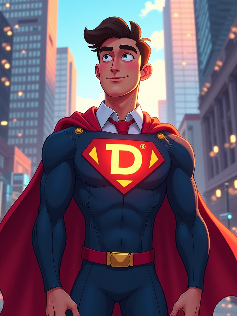 a javascript developer as super hero with letter "D" on chest in disney style