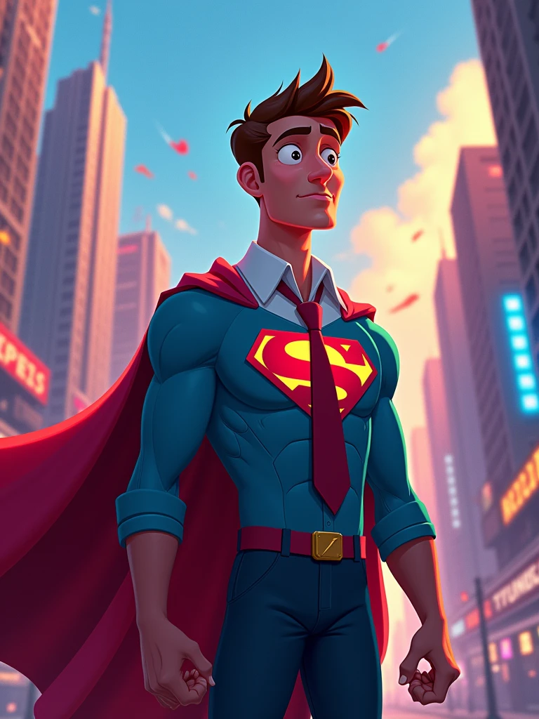 a javascript developer as super hero with letter "D" on chest in disney style