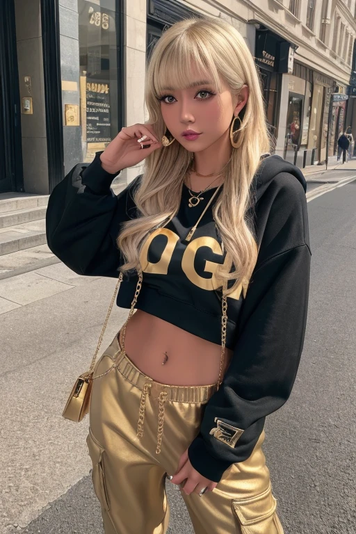 gyaru, dark-skinned, shiny oiled skin, blond hair, wearing black tracksuits, squatting on the road, at night