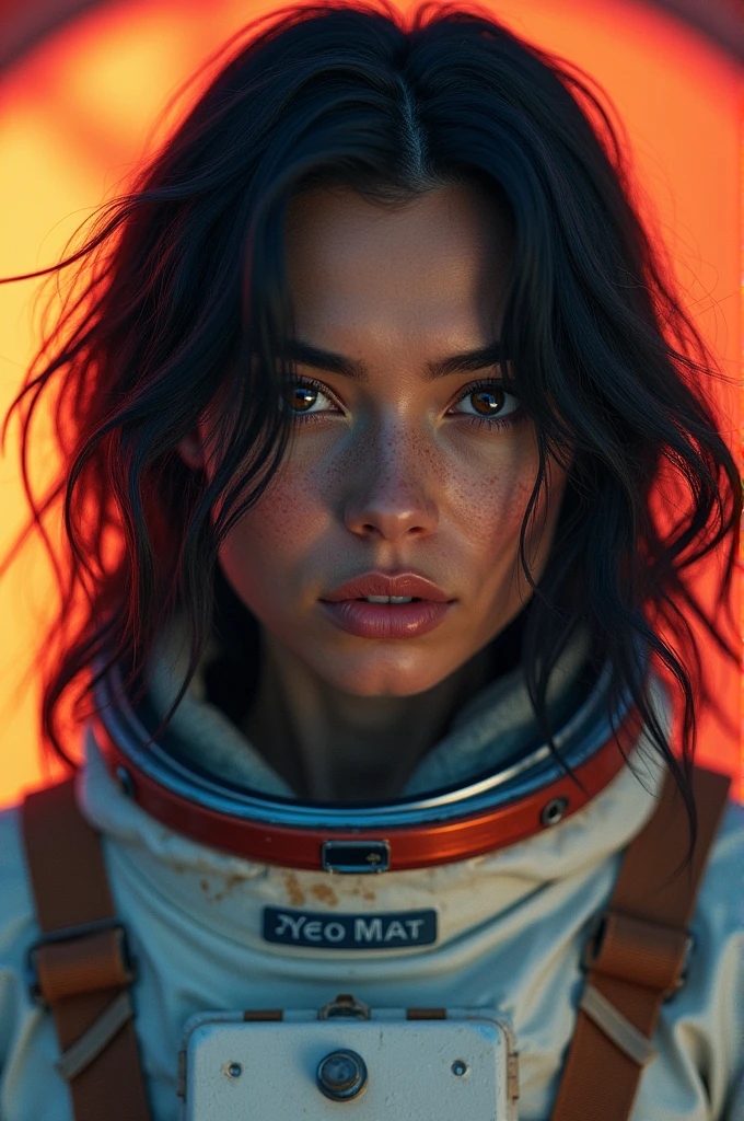 Make an astronaut with black and wavy hair, brown and with a colored photo background