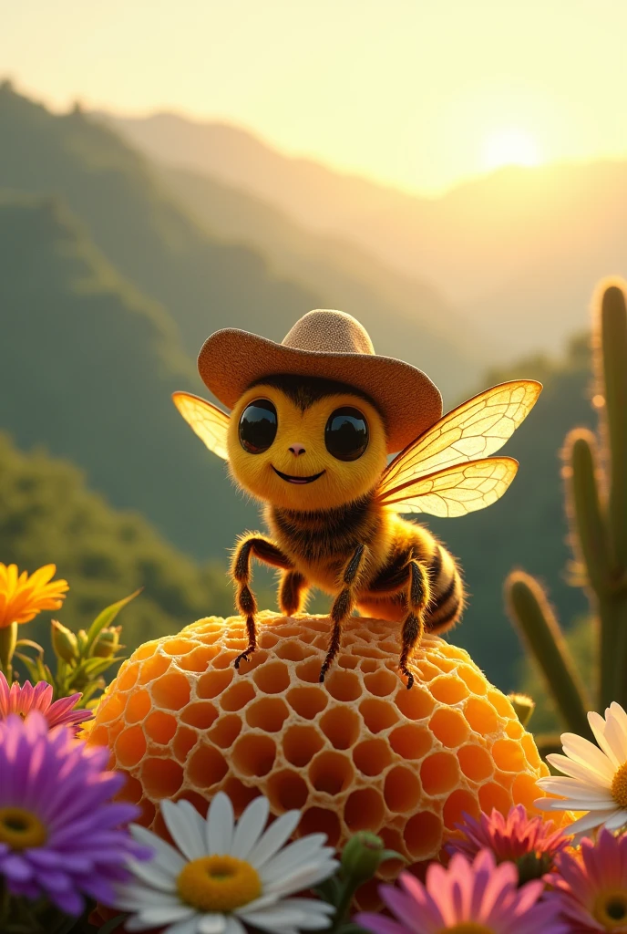 Create an ultra-realistic image featuring an Africanized bee perched on a honeycomb. The bee should be wearing a cowboy hat, with a friendly smile and its wings folded, giving off a calm and tranquil vibe. The background should showcase a lush green mountain range at sunrise, with soft sunlight bathing the scene. Surrounding the bee, include vibrant flowers in shades of pink, purple, white, and yellow, alongside a carnauba tree and a cactus, which are iconic plants of the Brazilian sertão. The overall color palette should be soft and harmonious, creating a warm and cozy atmosphere. At the bottom of the image, include the words 'O mel do sertão em cada gota' in a handwritten font, giving the logo a personal and authentic touch."
