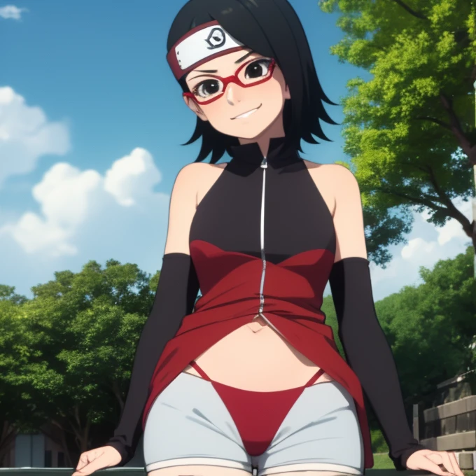 Sarada bikini goteando semen anime screencap, 
1girl,solo,black hair,short hair, black eyes,skinny,cowboy shot, standing, forehead protector, smirk,(dress:1.1),(white shorts:0.8), black thighhighs, thigh holster, arm warmers, bare shoulders, looking at viewer, outdoors,pelvic,red-framed eyewear, glasses,arms behind back, head tilt, pelvic curtain, facing viewer, hands on hips, zipper, shiny hair,