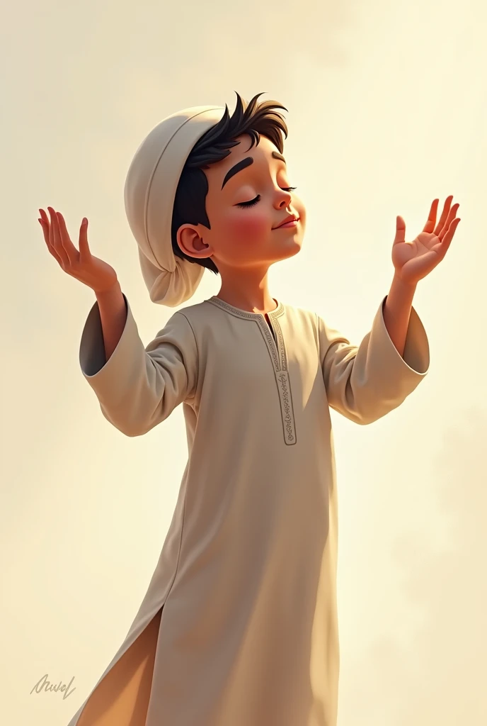 muslim boy,raise up palm hands opposite to ears
