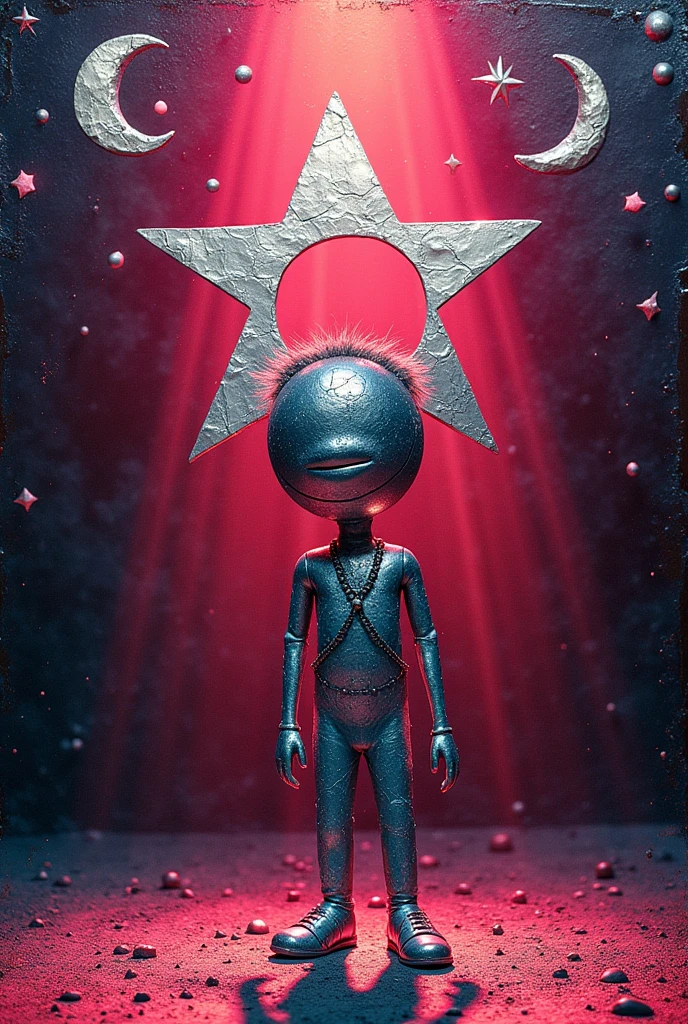 album art, metalic, aluminum emboss ten pointed star, sun and moon, metallic cosmos, deep red, silvers, soft pink, neon colors, hyper pop, colorful, trippy, melty, psychedelic, y2k, symmetry, no text, image of a stick figure on stage with a spotlight shining down on it, top down lighting, salt rock, cracked, mouth, shy, shadow, androgynous, male, silver objects, sparkle, mullet, beard