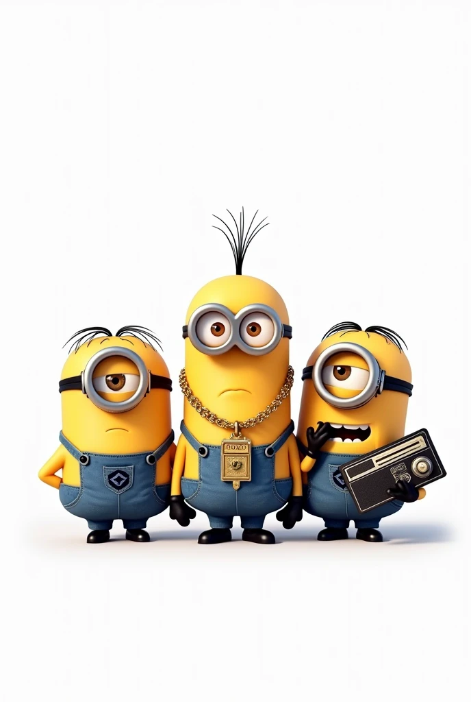 clipart, cute file, white background, vector, flat, three characters from the Minions are hapers are dressed very stylish in Hip Hop style, the first is wearing a gold necklace with a large pendant with the letter "HUGO", the second is wearing a gold necklace with pendant written with the letter "BOSS" and the third is holding the radio where they are listening to music