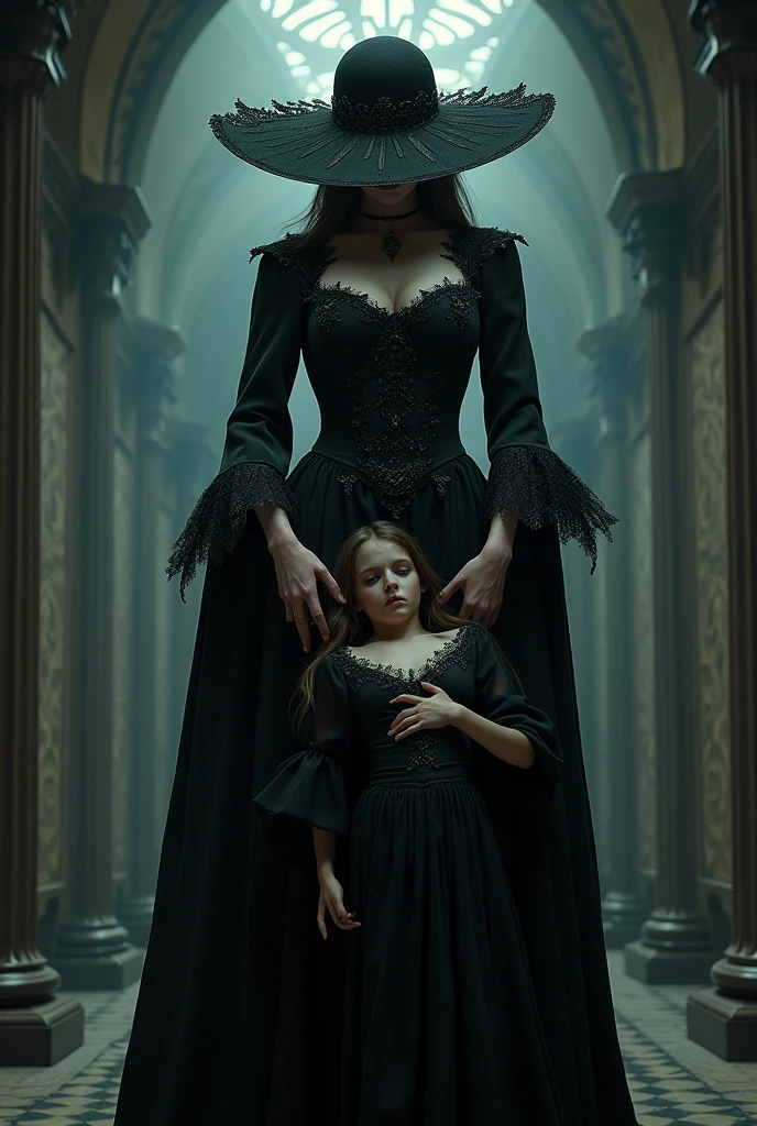 Lady Dimitrescu of Resident evil Village A huge woman with a huge hat on her head and luscious forms lifts a pretty girl above the floor, the girl is terrified as she is derivatized by the throat by a female vampire, Lady Dimitrescu smiles as she snuggles against the girl's back. Everything takes place in a gothic castle, they are facing the camera