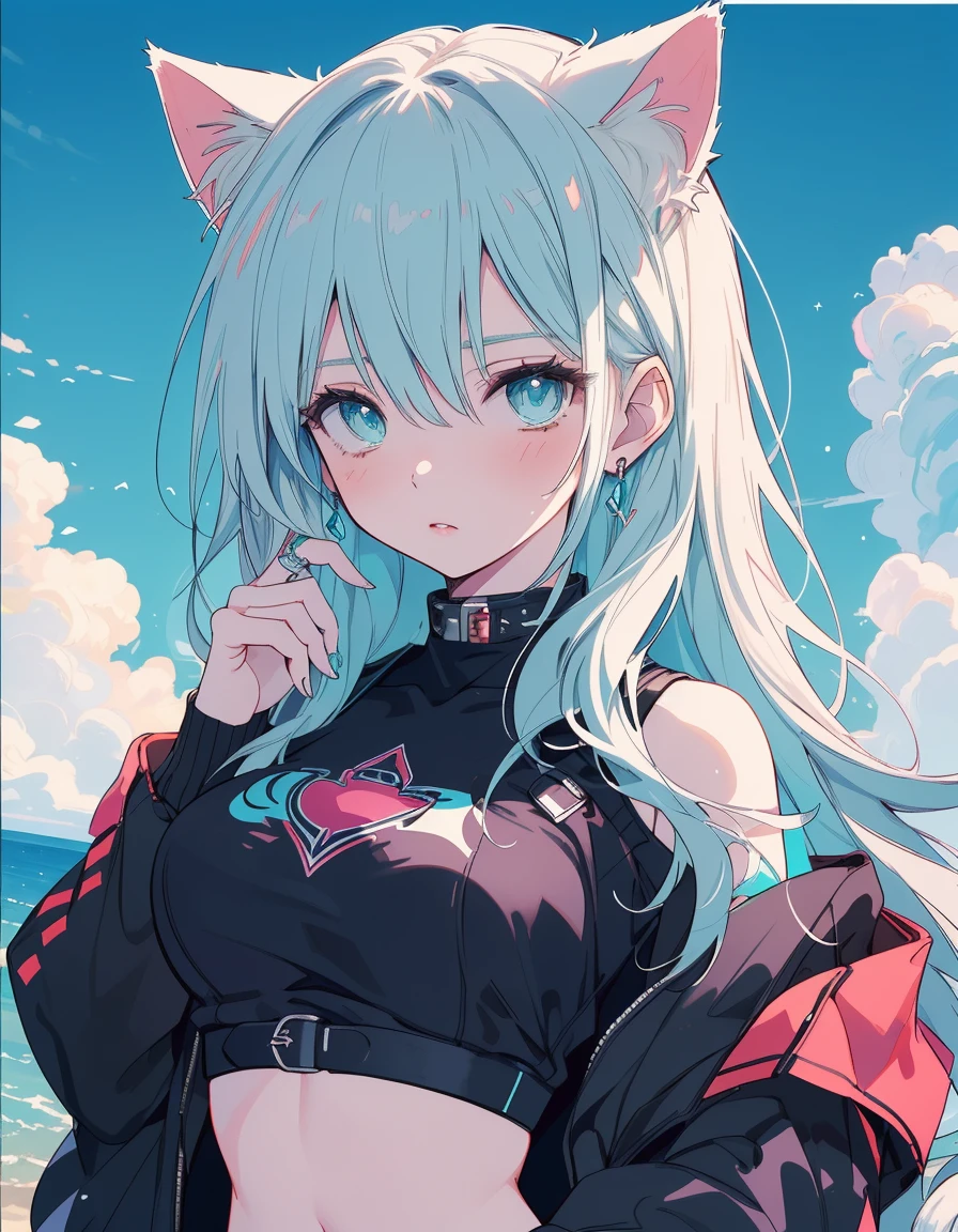 cyber punk, shaded face, jitome, midriff, tattoo, cyber clothed, ((masterpiece, best quality:1.5)), ((Beautiful detailed cat aqua eyes:1.2)), cat ears, pale skin, medium breasts, beautiful hands, beautiful fingers, EasyNegative