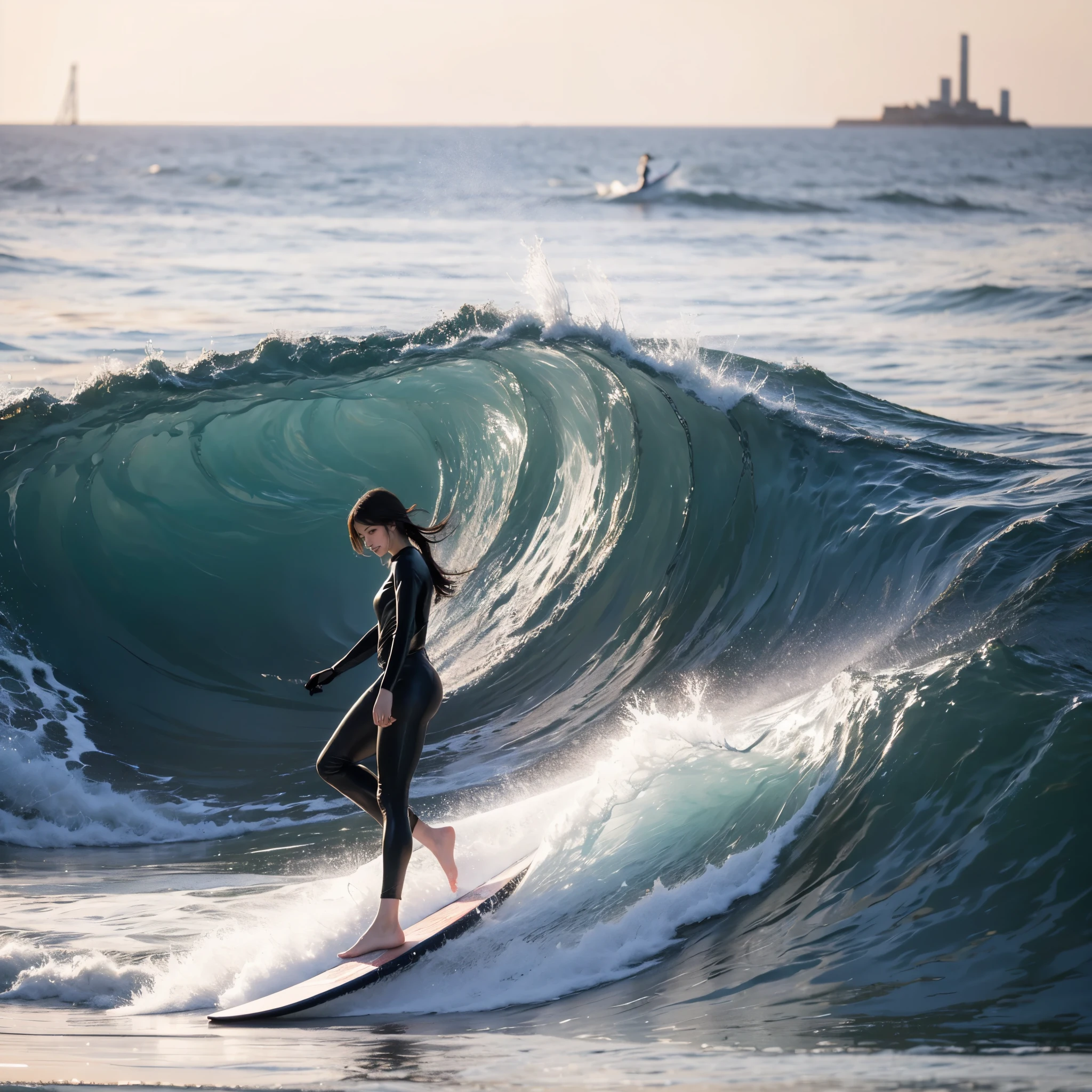 (Luminism:1.28), Side view, TopQuality 8K Masterpiece (ProfessionalPHOTO:1.37) (Extremely Detailed (A girl half Standing on a Life Size straight surfboard)), Colorful morning Glory Rays, (There is Only one surfboard under her feet:1.32) Sparkling Waves Splashing water Particles, Glowing Wet Hair, hourglass body type, Dynamic motion blur, Perfect Hand, (Surfing Photos:1.4) (((nothing hold)))