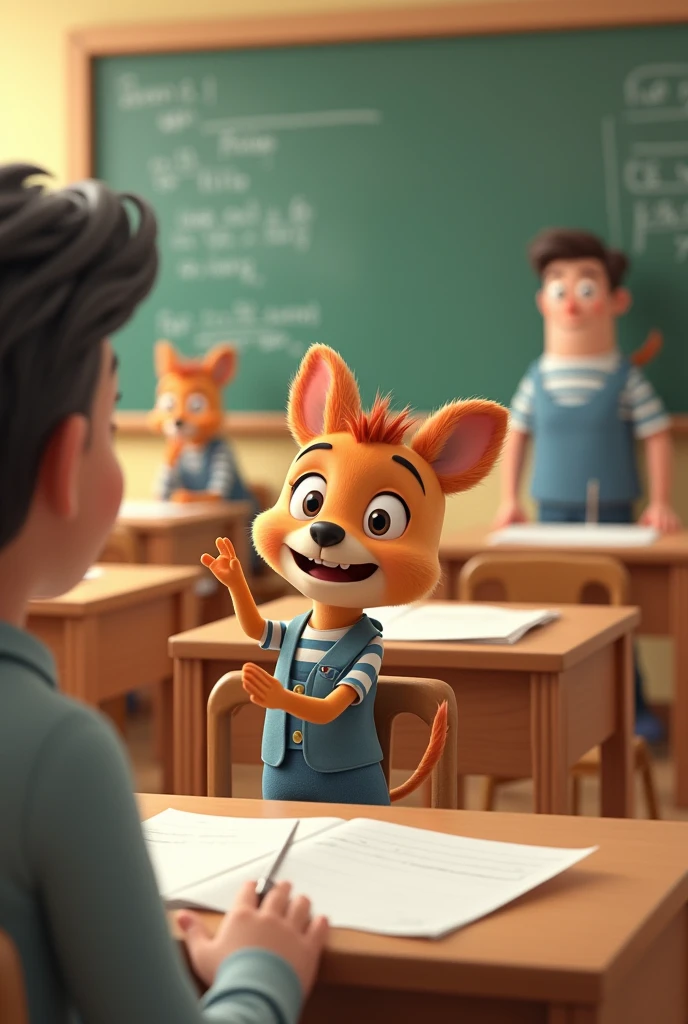 Cartoon character student is telling something in answering condition to teacher in examination hall