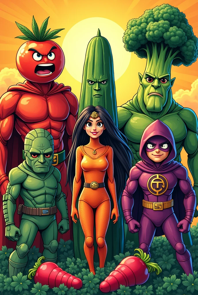 Create 6 comic book characters that are vegetables 