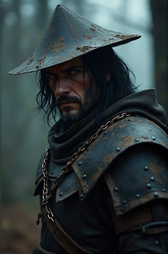 A portrait for a d&d character. He is witcher with dark almost black hair, wearing armor with chains and rugged metal, this is a portrait just after battle in a forest with an eerie vibe, he wears a triangle hat from the bloodbourne game,