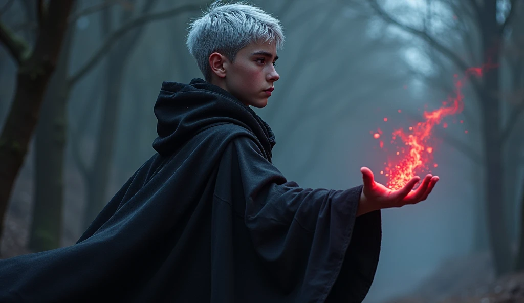 A high-fantasy horror, dark lord, a teenager 16 years half-elf boy with silver short hair and purple eyes, Dark wizard, muscular teenager, A boy wearing a simple black long cloak, younger half-elf sorcerer, realism, a scarlet flamer ruby's ring in this hand, colder fortress, muscular face