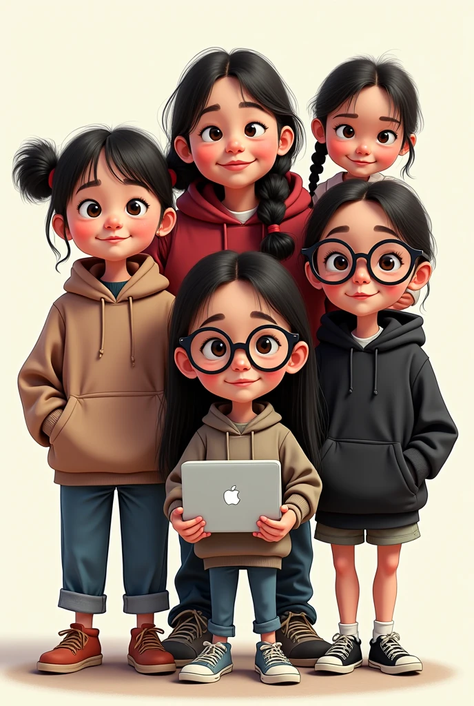 girls one with big nose ugly and one girl with fat cheeks looks like indonesian one girl with small glasses and tiny face and one girl with big glasses holding a laptop and one girl with dirty clothes looking like a beggar and one girl with a large big hair bun and the boy wearing a black hoodie and a girl wearing same black hoodie cartoonie look

