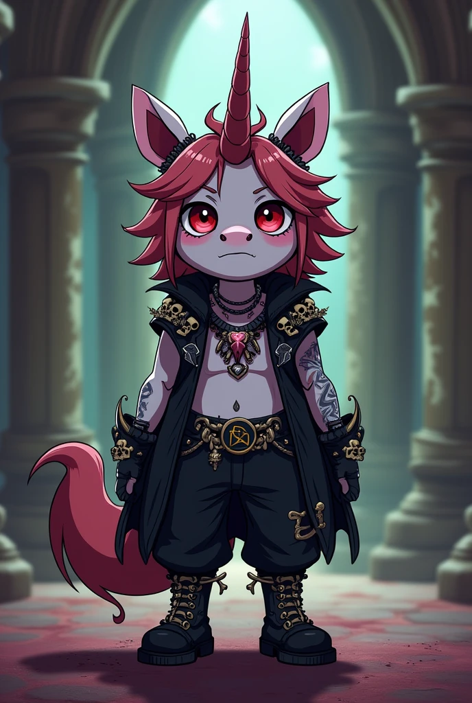 Create a cute plush humanoid demonic unicorn, wearing an alucard van hellsing style suit Devil Mau Cry full of skulls, wearing baggy pants, wearing black gloves with a pentagram, wearing a black boot, tattoos on body, black jewelry, full of anxiety on the tele finger, background image a wizard'Hall, Adventure Time style drawing