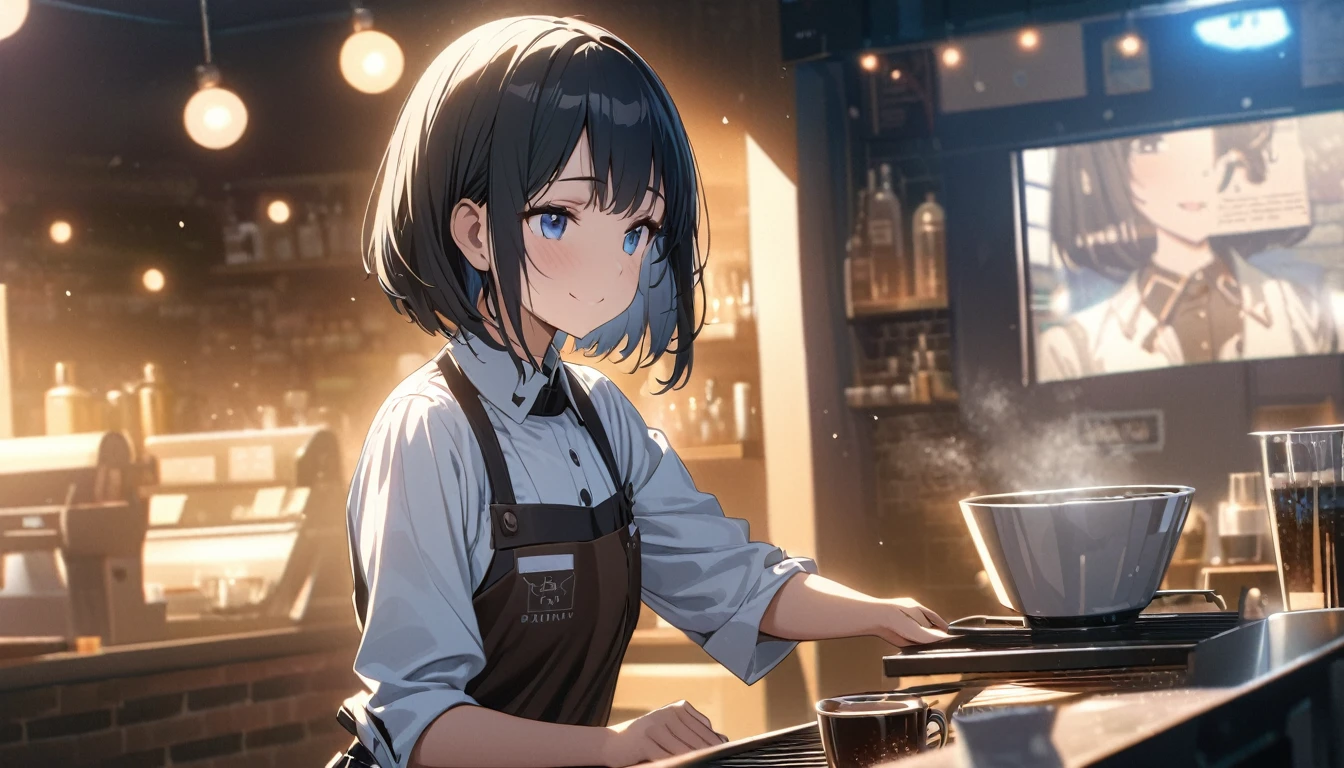 ((ultra-detailed))/three women: (one women with short black hair and bob hair.、beautiful blue eyes,.、smile、gentle smile on her face、flat chest, one Beautiful girl,((masterpiece, illustration, best quality) ((ultra-detailed))/),a girl wearing a barista uniform in a cute coffeeshop while making coffee ,濃い青とBeautiful Blueのグラデーション, High resolution, 8K HD detail, hyper-detail, cinematic, surrealism, soft light, deep field focus bokeh, ray tracing and surrealism. --v6