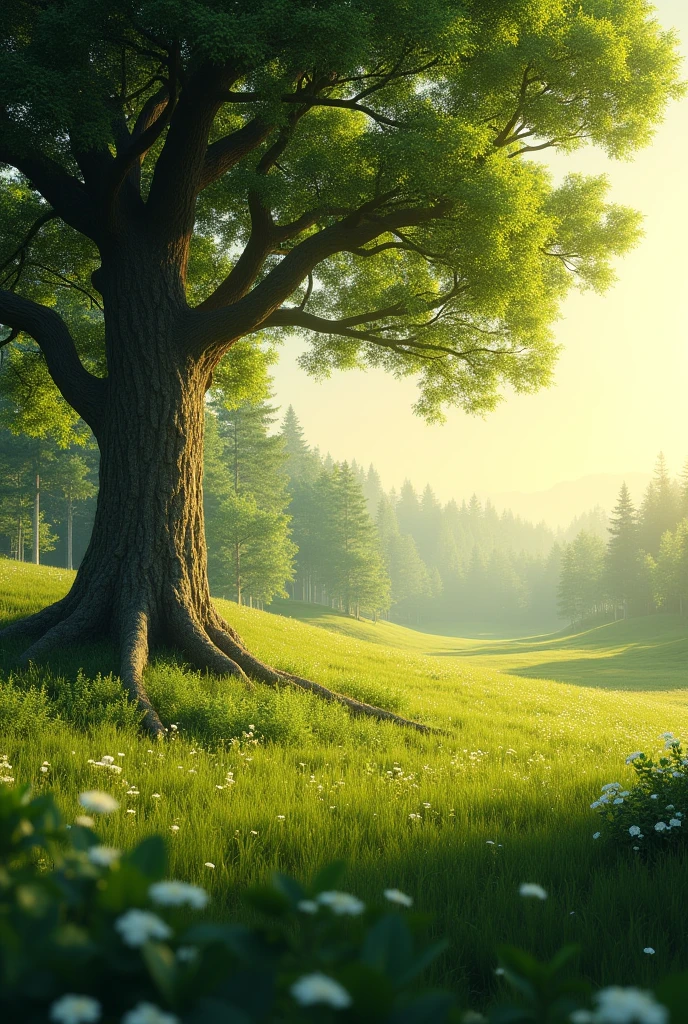 realistic forest landscape green field with a tree on the left illuminated by the sun, without so many trees


