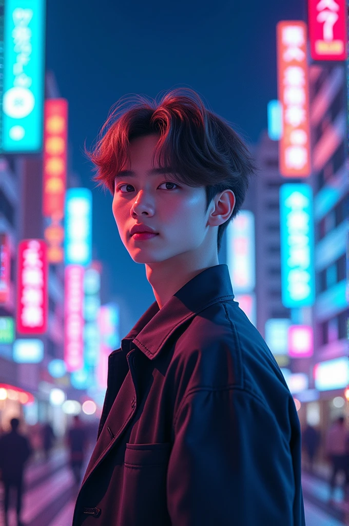 create an image of a Japanese man with light brown hair, with straight bangs, styled in a messy way, Jovial appearance, fair skin tone with a pinkish tint that highlights your cheeks, eyes black. standing showing the whole body,  on a background with Tokyo buildings in neon blue colors