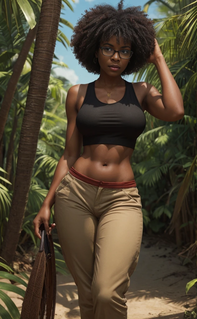 A nerdy black girl, Rubenesque, sexy, wearing beige pants and a red tank top, with a black afro, visible thong, midriff, in a jungle beach setting, short hair, detailed face, high quality, photorealistic, 8k, dramatic lighting, warm colors, cinematic composition