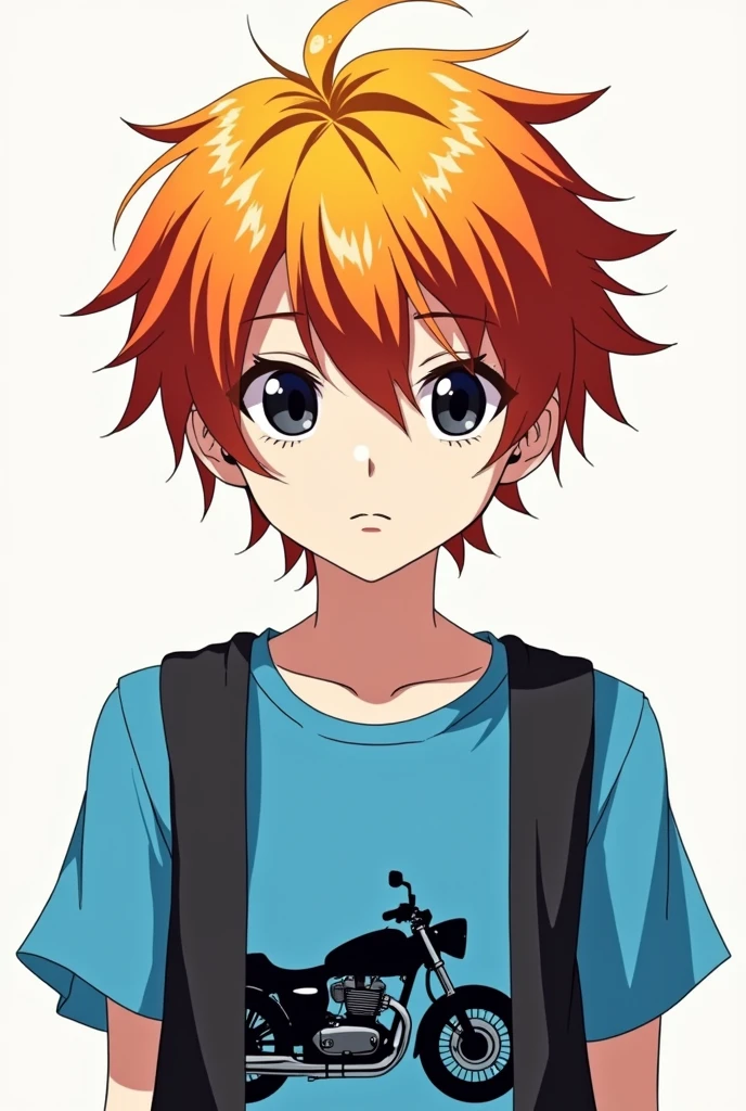 anime drawing type boy with orange hair, with dull yellow and almost wine-colored red strands, which gives it a very striking and vibrant look. His skin is pale white, which contrasts with the intense color of her hair.
He wears a blue short-sleeved shirt, with a drawing of a motorcycle in black, which suggests that he likes motorcycles or is passionate about speed. About the shirt, He wears a black vest, which gives it a touch of style. His eyes are black and seem to have no expression on his face.
