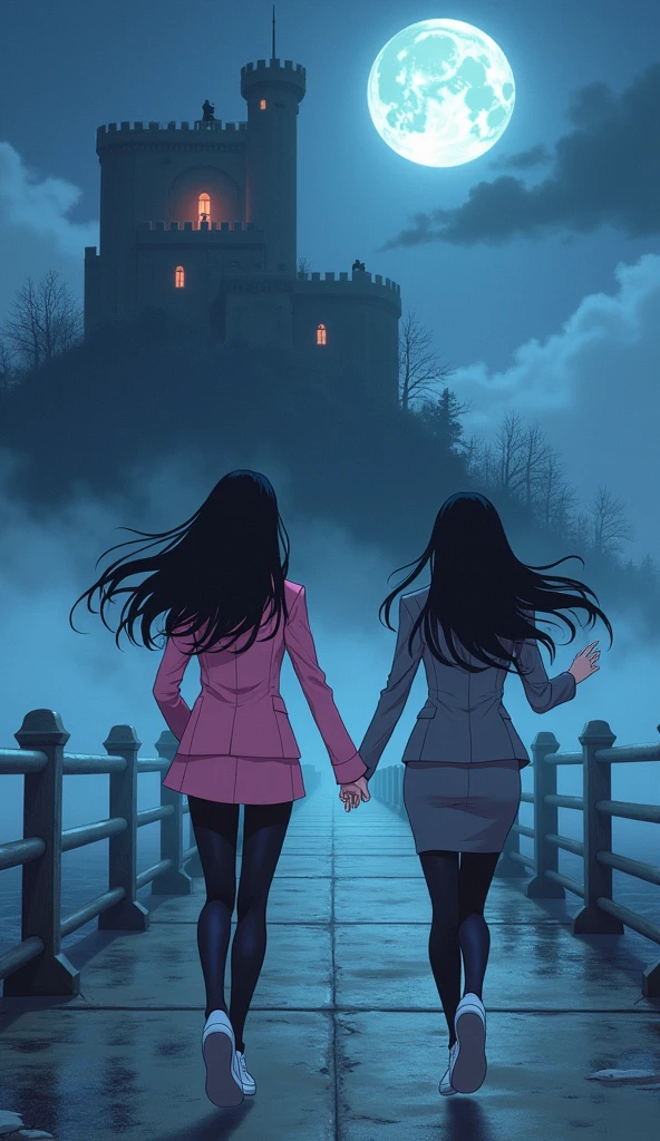 Two womens long black hairs, yuri,
(The first women wear a pink suit, black shirt, pink pencil skirt, black tight, white socks, white sneakers)
(The second women wore a grey suit, black shirt, grey pencil skirt, black tights, white socks, white sneakers)
running on the long foggy bridge, the vampire castle, vampire looked at them from the top floor of the tower, fantastic night sky, moon, cartoon novel, 4K, HD