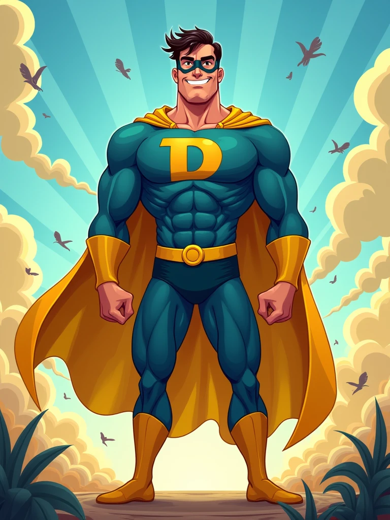 a javascript developer as super hero with letter "D" on chest and yellow and blue colors in disney style