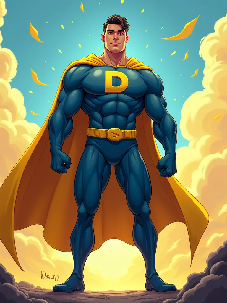 a javascript developer as super hero with letter "D" on chest and yellow and blue colors in disney style