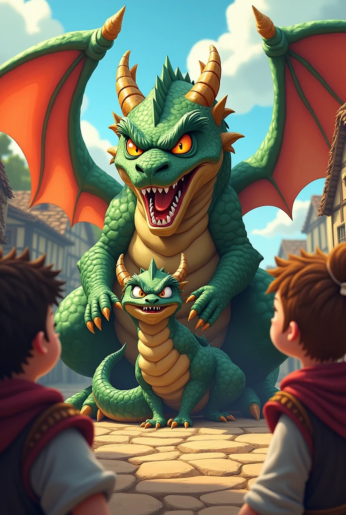 A fierce medieval dragon With the face Angry in a village protecting its young while villagers look on with frightened faces Cartoon style