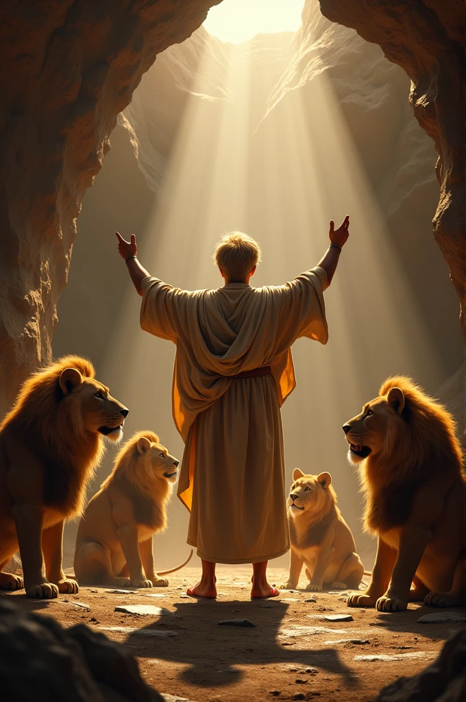 Daniel, grown-up, blond and short haired, standing inside the lion's den, raises his hands in a sign of victory and gratitude. Ao fundo, the lions sitting calmly. King Darius watches him in awe from outside the cave..