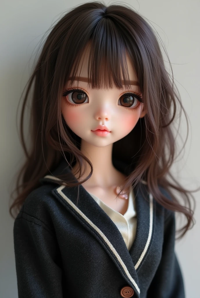 asian bluthe doll mediom straight hair with face framing and bangs that hase kind of soft alternative style with mostly black and gray outfit and has pink stripes in her dark brown hair and has black eyes with fair light tan skin color and wearing y2k crop top