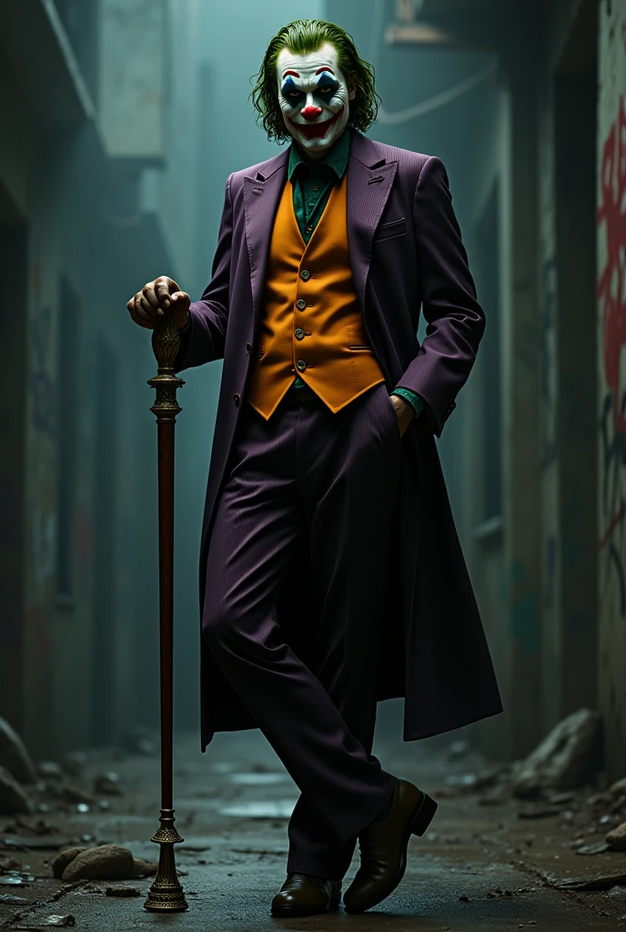 Joker smiling leaning on a cane