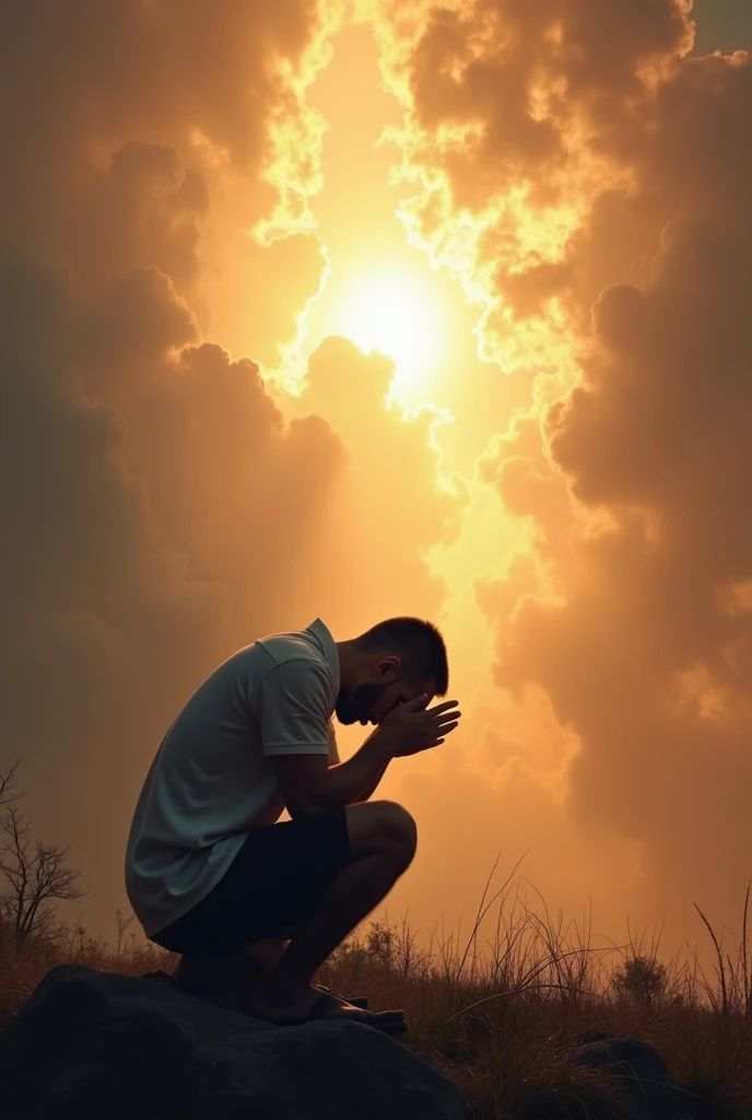 Man praying with his head on the ground and the heavens opening