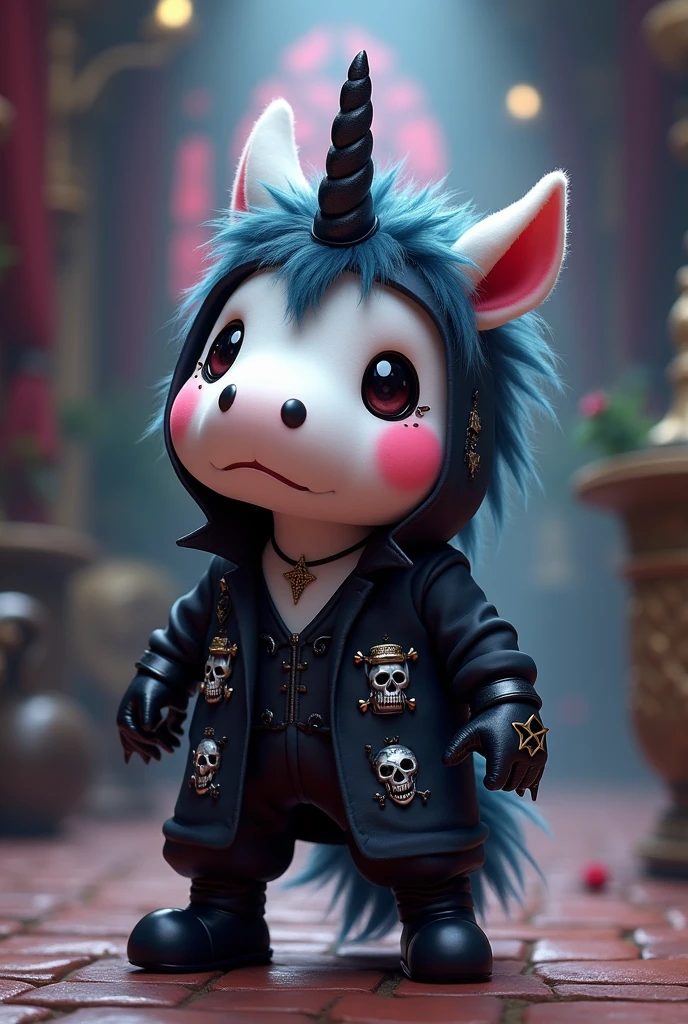 Create a cute plush humanoid demonic unicorn, wearing an alucard style suit full of skulls, wearing baggy pants, wearing black gloves with a pentagram, wearing a black boot, tattoos on body, black jewelry, full of anxiety on the tele finger, background image a wizard'Hall, Adventure Time style drawing