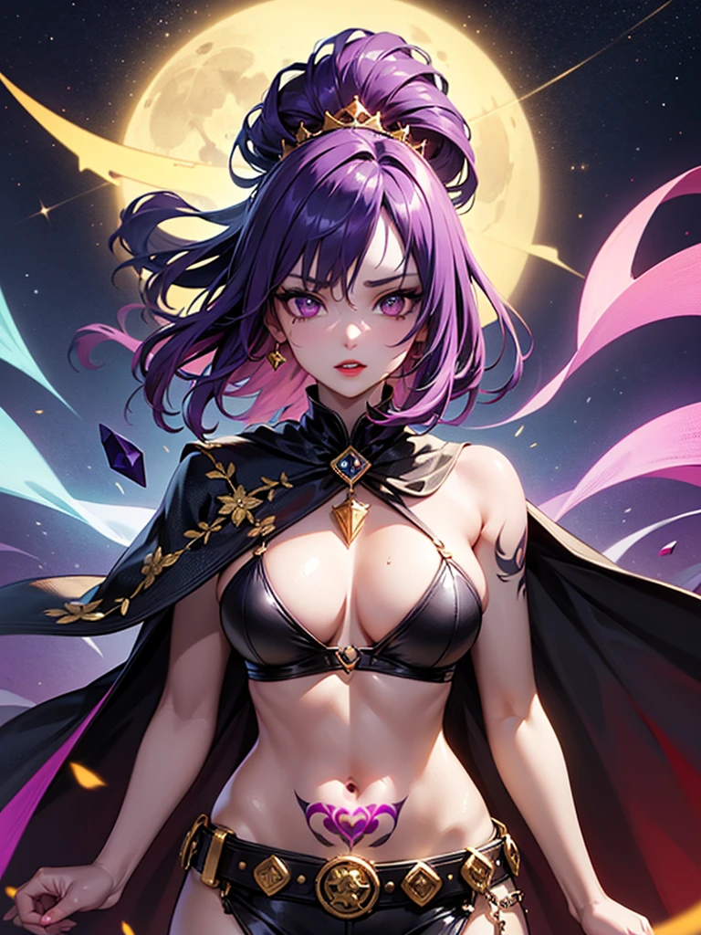 Vampire Queen Combat Dress (Radiant Royal Cloak: 1.2) Black and Purple Color outfit, (extremely delicate beautiful eyes and depression but arrogant eyes), (multicolor, ponytail, iridescent hair, colorful hair, half purple and half pink hair: 1.3), (magical, mythic,fantasy), (Super Model Body Shape, idol, seducing body, attractive, gorgeous, charming, majesty, Sexy Devil aura), Original Character, Masterpiece, Tempting Purple Eyes, Purple Gemstone Accessories, Gold Belt, Gold Necklace, Evil Wind and floating effect, Soft Moonlight, unique crown, (Lewd Corruption Tattoo on 1;1.25),16k wallpaper style,bare shoulders, cute, solo, stars, stardust, shiny body detailed, legend, pink lips, cinematic lighting, scale up, twilight, dark magic, dark element, perfect shadow, purple gem on forehead, raven, corrupted contract, corrupted tattoo, sex addicted, bright red lips