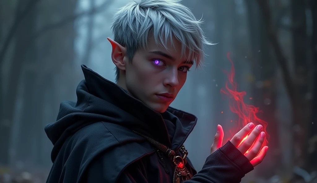 A high-fantasy horror, dark lord, a teenager 16 years half-elf boy with silver short hair and purple eyes, Dark wizard, muscular teenager, A boy wearing a simple black long cloak, younger half-elf sorcerer, realism, a scarlet flamer ruby's ring in this hand, colder fortress, oval face