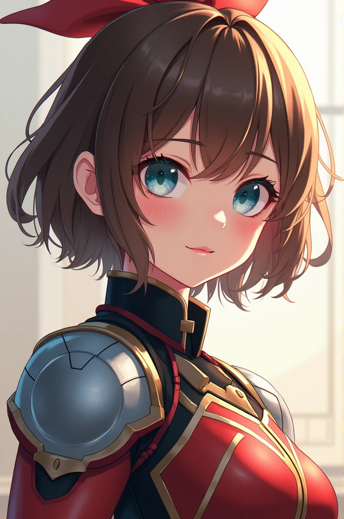 A  girl, big breasts, short hair, Brown hair, pink lips with a sweet smile, blue eyes, Pale skin, with a bow on her head, an adorable face, with a fighting suit