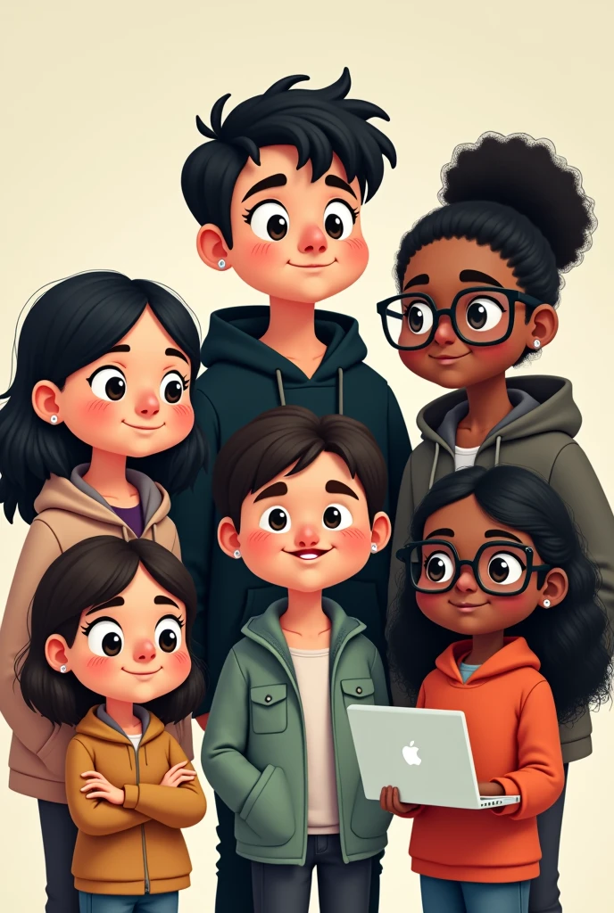 girls one with big nose ugly and one girl with fat cheeks looks like indonesian one girl with small glasses and tiny face and one girl with big glasses holding a laptop and one girl with dirty clothes looking like a beggar and one girl with a large big hair bun and the boy wearing a black hoodie and a girl wearing same black hoodie cartoonie look and a good looking boy

