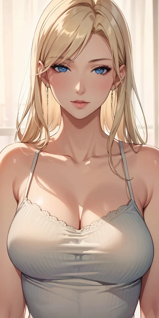 elegant mature woman, blonde hair, blue eyes, soft light, 4k resolution, high detailed, high quality, beautiful cg