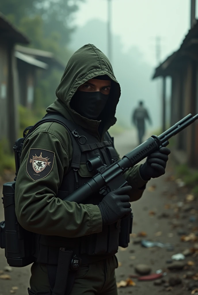Make a picture of a PF agent holding a gun, In the background there is a Brazilian post-apocalyptic scene, it has an air of mystery and it transmits fear.